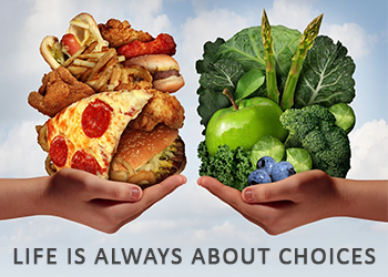 lose weight fast for men graphic of junk food with vegetables and the words life is always about choices